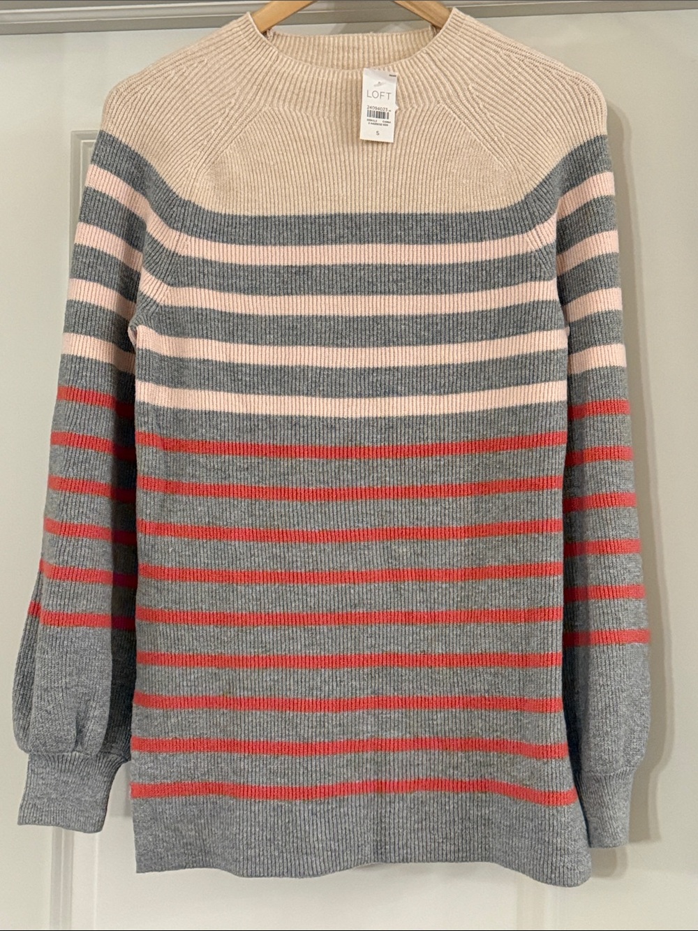 LOFT Women’s Cream, Gray, Pink & Red Striped Crewneck Sweater Small NWt